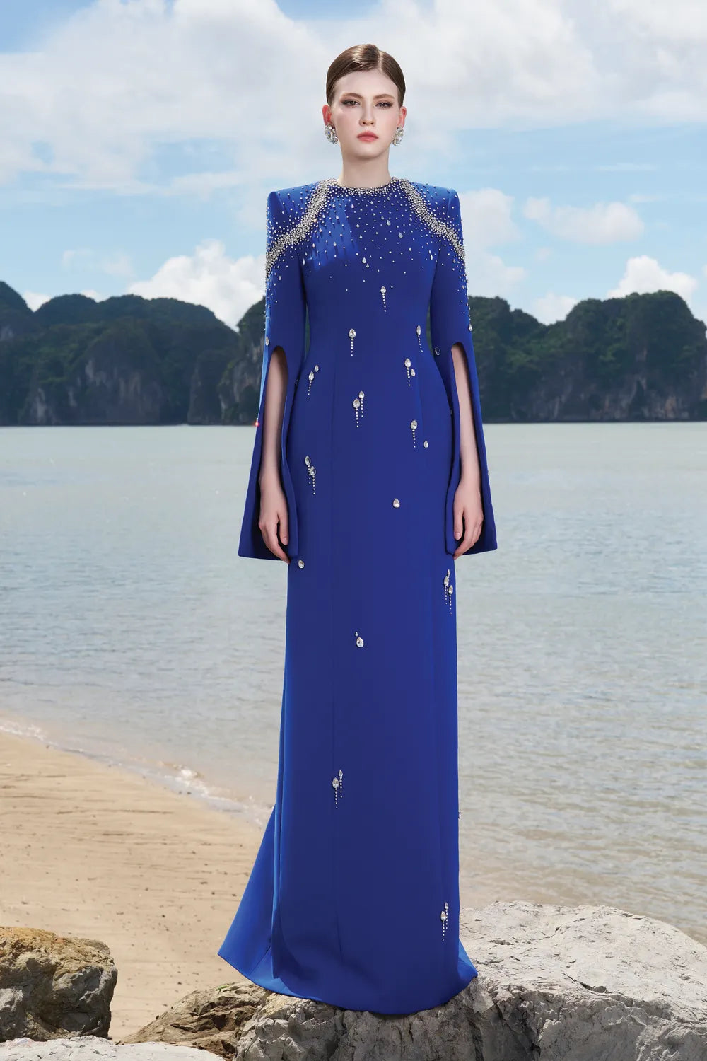 Flared Sleeves Crystal Embellished Dress